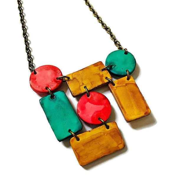 Artsy Statement Bib Necklace with Geometric Style Handmade from Clay & Painted - Sassy Sacha Jewelry