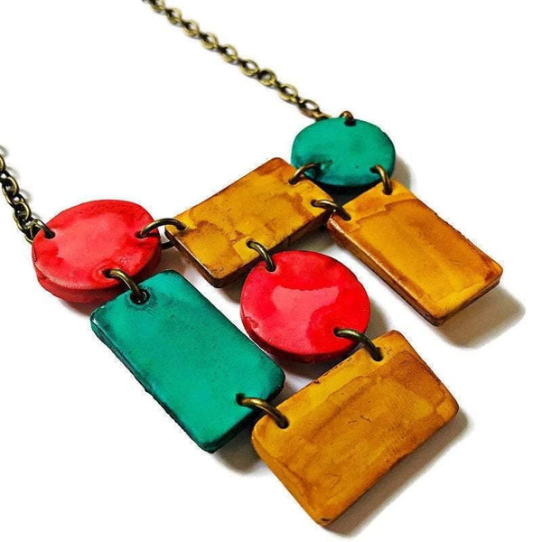 Artsy Statement Bib Necklace with Geometric Style Handmade from Clay & Painted - Sassy Sacha Jewelry