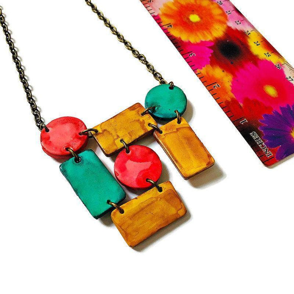 Artsy Statement Bib Necklace with Geometric Style Handmade from Clay & Painted - Sassy Sacha Jewelry