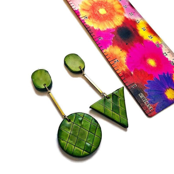 Asymmetric Green Clay Earrings with Brass Bar - Sassy Sacha Jewelry