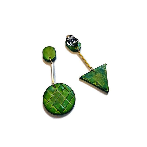 Asymmetric Green Clay Earrings with Brass Bar - Sassy Sacha Jewelry