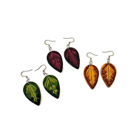 Autumn Leaf Earrings, Mismatched Mix and Match Dangles Mustard Maroon Green - Sassy Sacha Jewelry