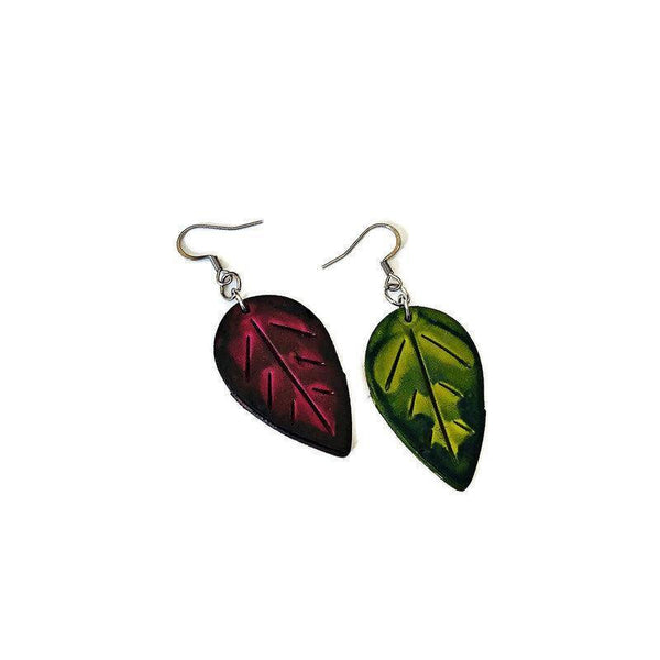 Autumn Leaf Earrings, Mismatched Mix and Match Dangles Mustard Maroon Green - Sassy Sacha Jewelry