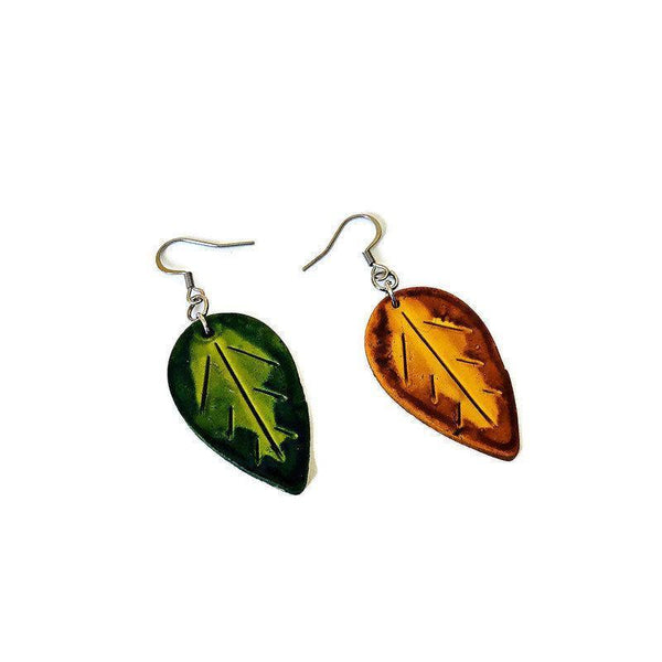 Autumn Leaf Earrings, Mismatched Mix and Match Dangles Mustard Maroon Green - Sassy Sacha Jewelry