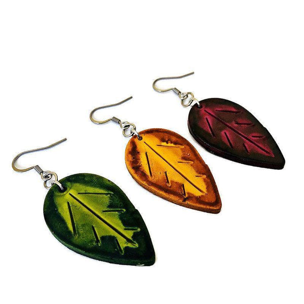 Autumn Leaf Earrings, Mismatched Mix and Match Dangles Mustard Maroon Green - Sassy Sacha Jewelry