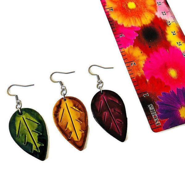 Autumn Leaf Earrings, Mismatched Mix and Match Dangles Mustard Maroon Green - Sassy Sacha Jewelry