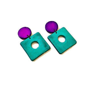 Big Bold Artsy Statement Earrings Handmade & Painted Purple & Turquoise- "Jess" - Sassy Sacha Jewelry