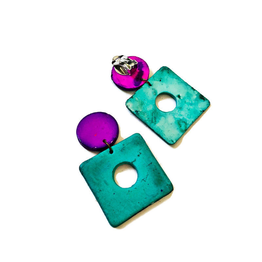 Big Bold Artsy Statement Earrings Handmade & Painted Purple & Turquoise- "Jess" - Sassy Sacha Jewelry