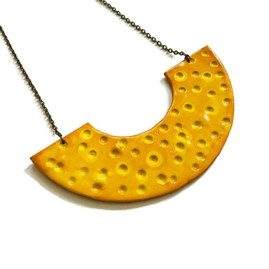 Yellow textured half-moon statement necklace pendant with dark chain links