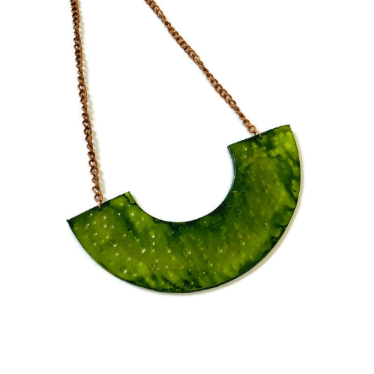 Green textured half-moon statement necklace pendant with gold chain links