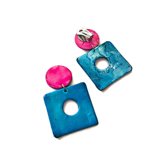 Big Square Clip On Earrings, Polymer Clay Earrings Handmade & Painted- "Jess" - Sassy Sacha Jewelry