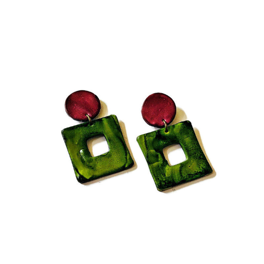 Big Square Clip On Earrings, Polymer Clay Earrings Handmade & Painted- "Jess" - Sassy Sacha Jewelry