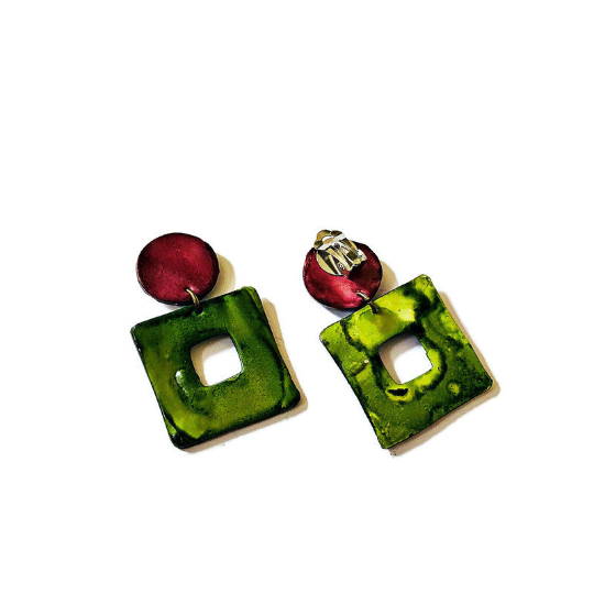 Big Square Clip On Earrings, Polymer Clay Earrings Handmade & Painted- "Jess" - Sassy Sacha Jewelry