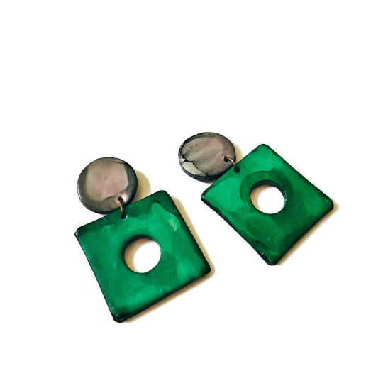 Big Square Clip On Earrings, Polymer Clay Earrings Handmade & Painted- "Jess" - Sassy Sacha Jewelry