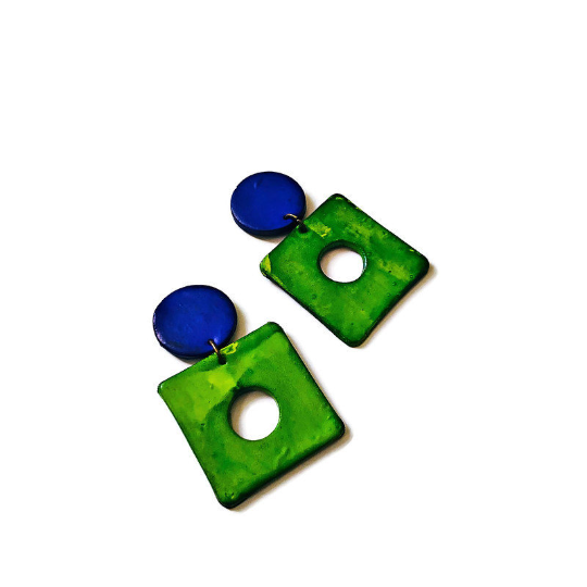 Big Square Clip On Earrings, Polymer Clay Earrings Handmade & Painted- "Jess" - Sassy Sacha Jewelry