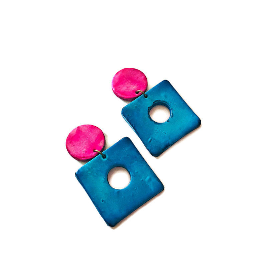 Big Square Clip On Earrings, Polymer Clay Earrings Handmade & Painted- "Jess" - Sassy Sacha Jewelry