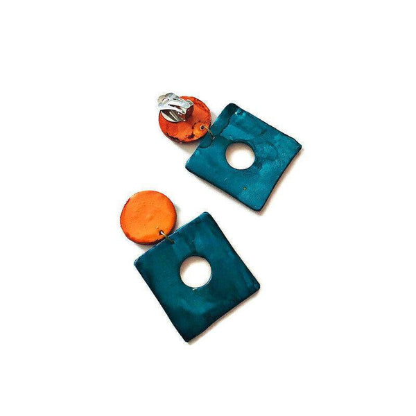 Big Square Clip On Earrings, Polymer Clay Earrings Handmade & Painted- "Jess" - Sassy Sacha Jewelry