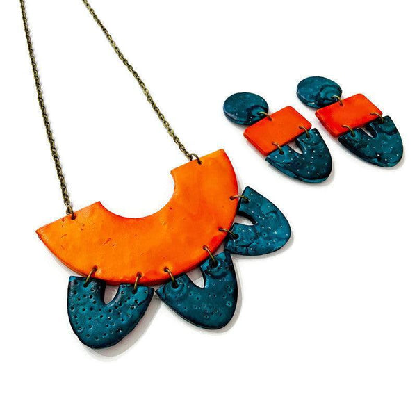 Big Statement Earring in Orange & Teal, Post or Clip On Earrings - Sassy Sacha Jewelry