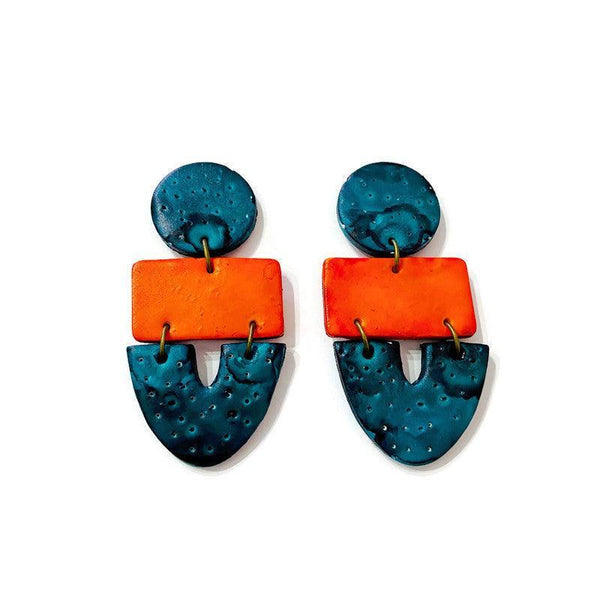 Big Statement Earring in Orange & Teal, Post or Clip On Earrings - Sassy Sacha Jewelry