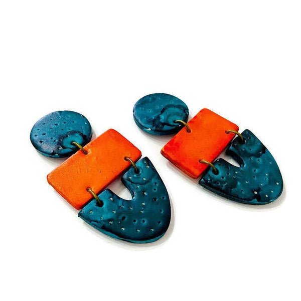 Big Statement Earring in Orange & Teal, Post or Clip On Earrings - Sassy Sacha Jewelry