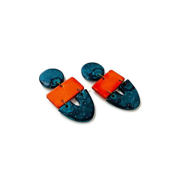 Big Statement Earring in Orange & Teal, Post or Clip On Earrings - Sassy Sacha Jewelry