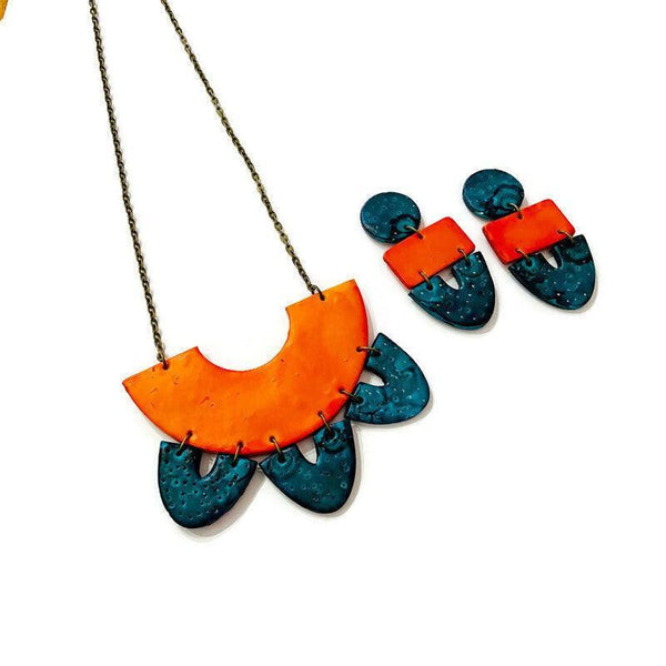 Big Statement Earring in Orange & Teal, Post or Clip On Earrings - Sassy Sacha Jewelry