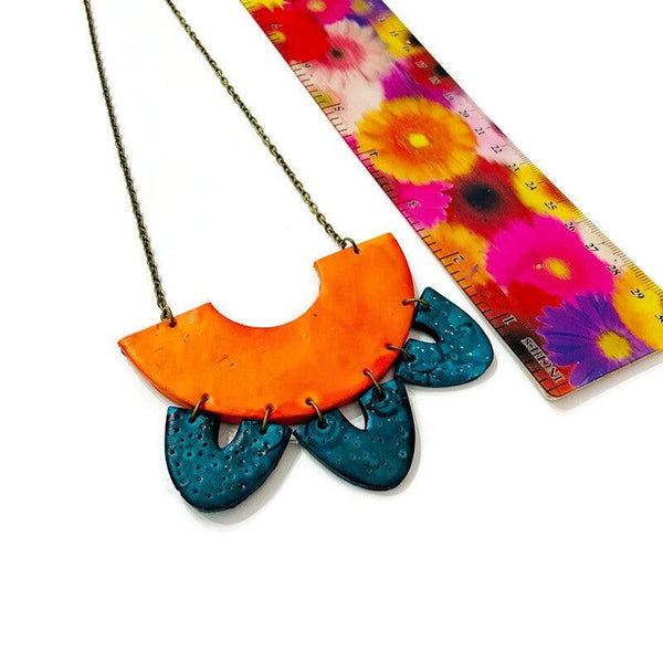 Big Statement Earring in Orange & Teal, Post or Clip On Earrings - Sassy Sacha Jewelry