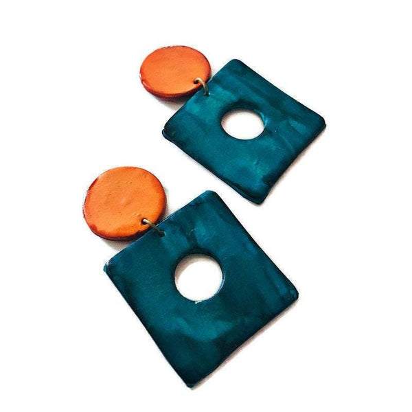 Big Statement Earrings in Teal & Orange, Square Hoop Drop Dangles- "Jess" - Sassy Sacha Jewelry