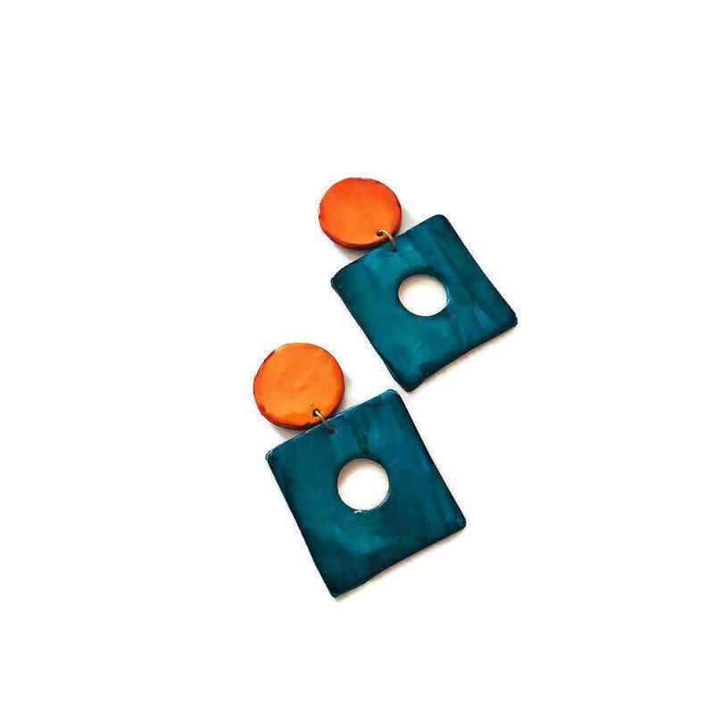 Big Statement Earrings in Teal & Orange, Square Hoop Drop Dangles- "Jess" - Sassy Sacha Jewelry