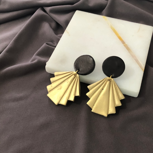 Black & Gold Modern Statement Earrings with Geometric Fan- "Ruth" - Sassy Sacha Jewelry