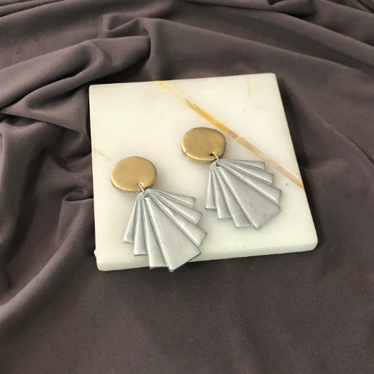 Black & Gold Modern Statement Earrings with Geometric Fan- "Ruth" - Sassy Sacha Jewelry