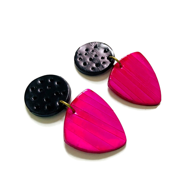 Black & Hot Pink Earrings Post or Clip On- "Kelly" - Sassy Sacha Jewelry