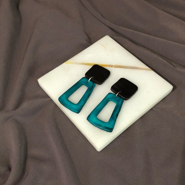 Black & Teal Art Deco Earrings, Open Rectangle Statement Earrings- "Ava" - Sassy Sacha Jewelry