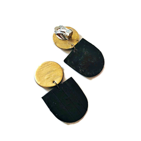 Black & Gold Modern Clip On Earrings Handmade from Clay & Painted - Sassy Sacha Jewelry