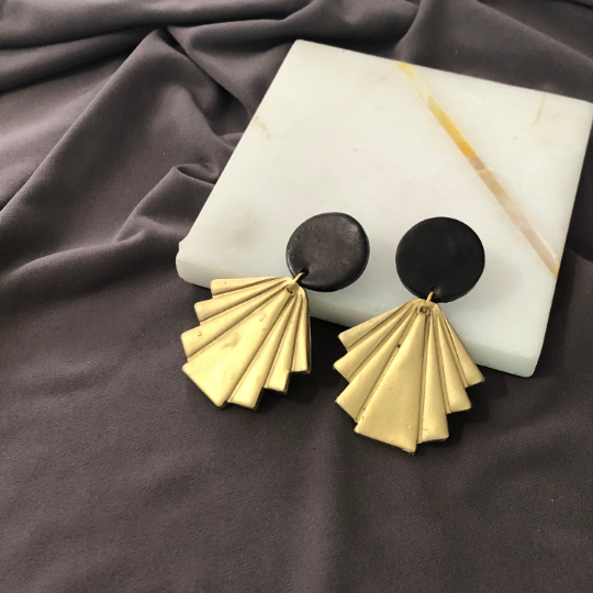 Brown & Mustard Fan Statement Earrings, Drop Dangles or Clip Ons for Non Pierced Ears - Sassy Sacha Jewelry