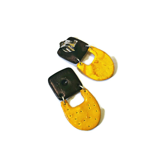 Black & Yellow Geometric Statement Earrings Handmade - Sassy Sacha Jewelry