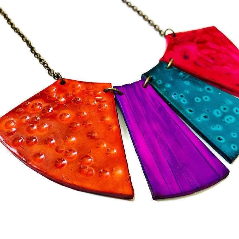 Boho Fringe Necklace, Big Bold Chunky Bib Necklace in Fall Colors - Sassy Sacha Jewelry