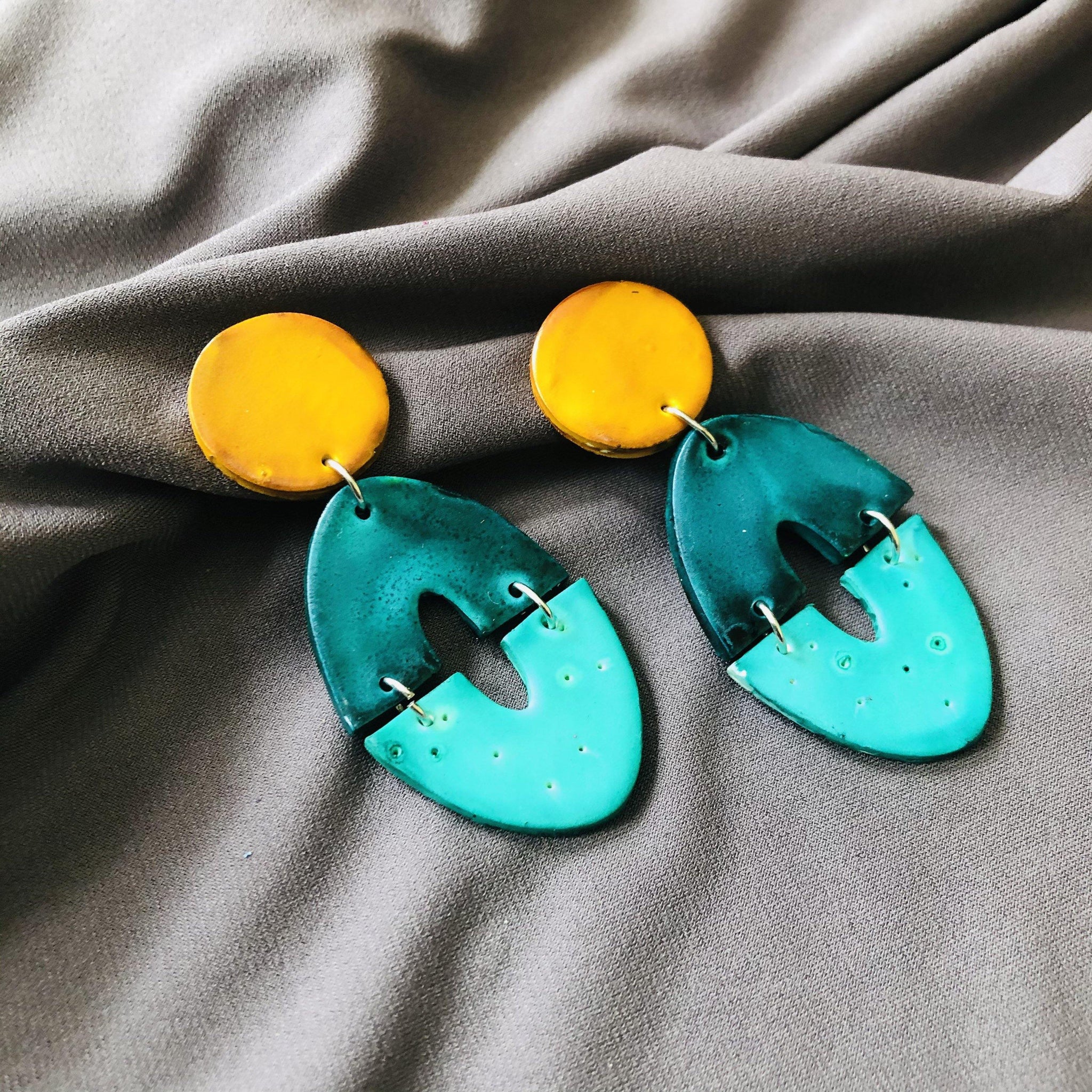 Bold Artsy Statement Earrings, Big Clay Geometric Drop Dangles- "Zoe" - Sassy Sacha Jewelry