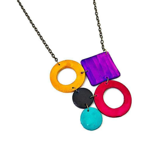Bold Retro Statement Necklace with Multicolored Geometric Design, Clay Hand Painted - Sassy Sacha Jewelry