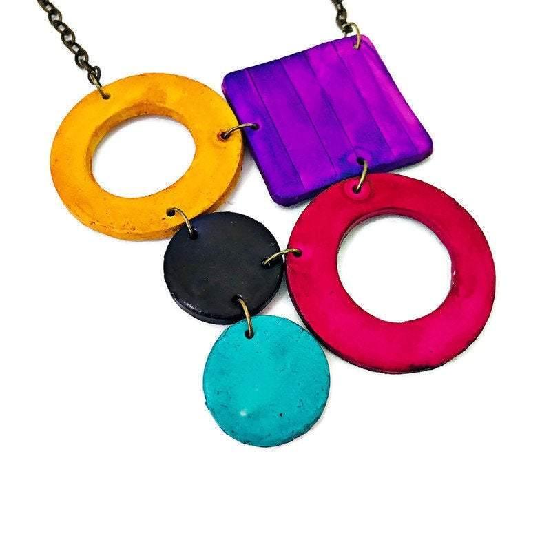 Bold Retro Statement Necklace with Multicolored Geometric Design, Clay Hand Painted - Sassy Sacha Jewelry