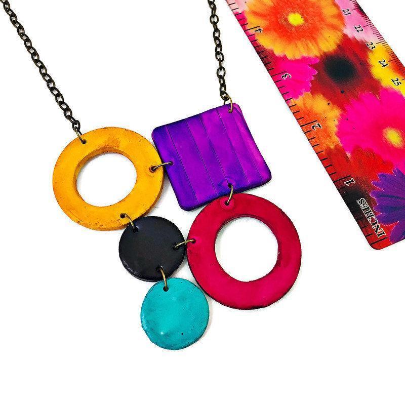 Bold Retro Statement Necklace with Multicolored Geometric Design, Clay Hand Painted - Sassy Sacha Jewelry