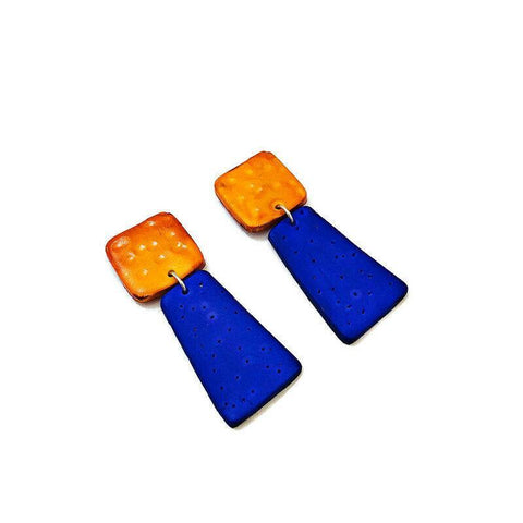 Bold Yellow & Dark Blue Hand-Painted Polymer Clay Earrings "Mary" - Sassy Sacha Jewelry