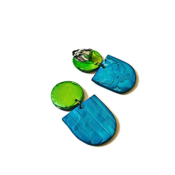 Bright Blue & Green Clay Statement Earrings- "Emily" - Sassy Sacha Jewelry