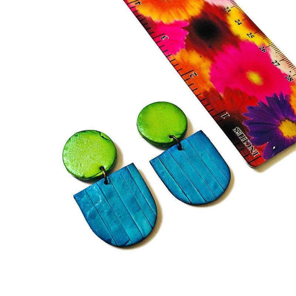 Bright Blue & Green Clay Statement Earrings- "Emily" - Sassy Sacha Jewelry