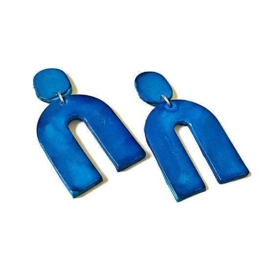 bright blue dusty pink neon blue arch statement earrings post or clip ons- "Lucy" - Sassy Sacha Jewelry