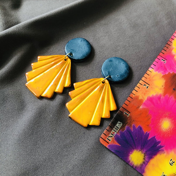 Brown & Mustard Fan Statement Earrings- "Ruth" - Sassy Sacha Jewelry