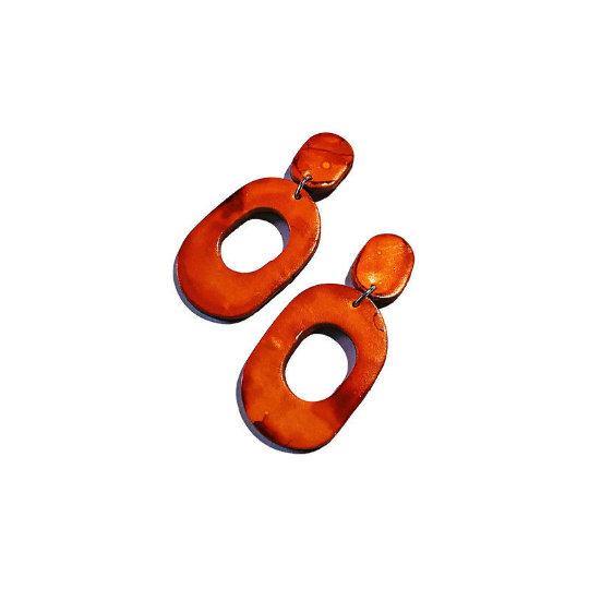 Burnt Orange Clip On Earrings Handmade, Clay Alcohol Ink Jewelry- "Pam" - Sassy Sacha Jewelry