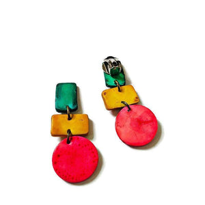 Clay Clip On Earrings in Turquoise Yellow Pink- "Dani" - Sassy Sacha Jewelry