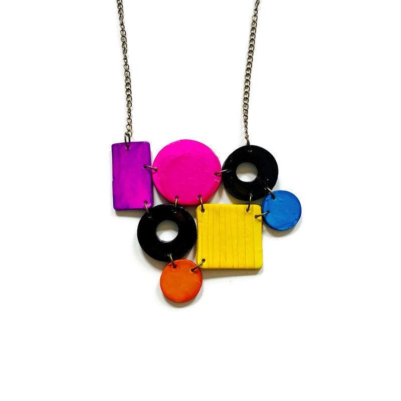Color Block Statement Necklace Painted Purple Pink Black Blue Yellow Orange - Sassy Sacha Jewelry