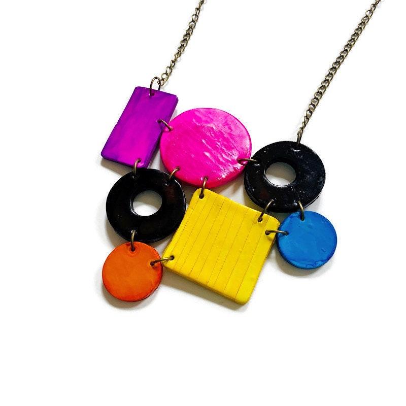 Color Block Statement Necklace Painted Purple Pink Black Blue Yellow Orange - Sassy Sacha Jewelry